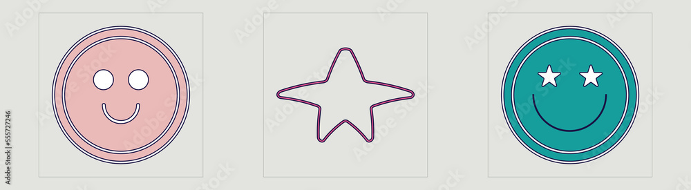 Collection of Y2K elements. Brutalism star and flower shapes. Objects in y2k style. Isolated on black background. Vector illustration Collection of Y2K elements. Brutalism star and flower shapes. Objects in y2k style. Isolated on black background. Vector illustration