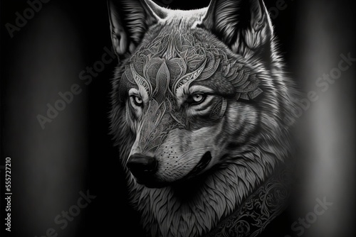  a wolf with a tattoo on its face and neck is shown in black and white. Generative AI