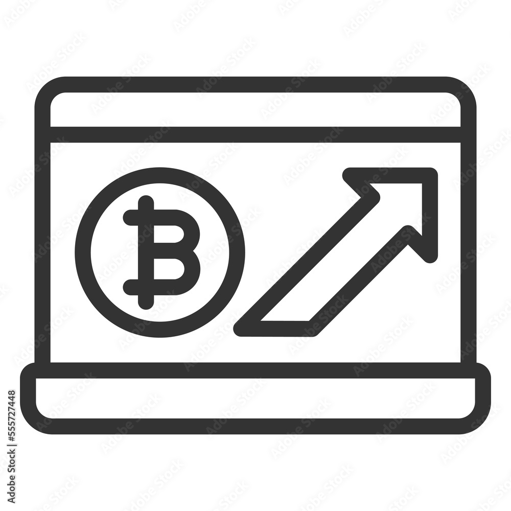Rise in the price of bitcoin on a laptop screen - icon, illustration on white background, outline style Rise in the price of bitcoin on a laptop screen - icon, illustration on white background, outline style