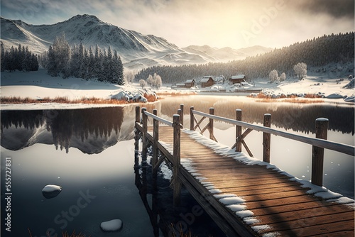 Wallpaper Mural Old wooden pier over a frozen mountain river, winter mountain landscape, sunset in the mountains, frosty morning in the mountains, winter forest. AI Torontodigital.ca
