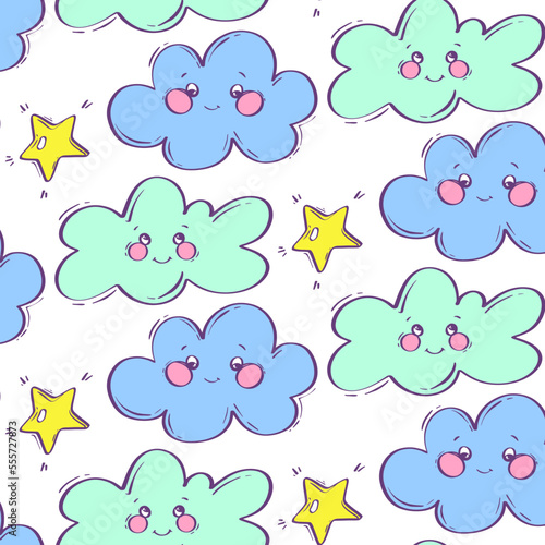 Fototapeta Seamless pattern with cute clouds and stars. Cloud with eyes and a smile. Vector illustration in cartoon style. Children's illustration for clothes. Bright background for design.