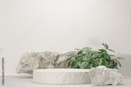 Rock stone white podium Blank product shelf standing backdrop.