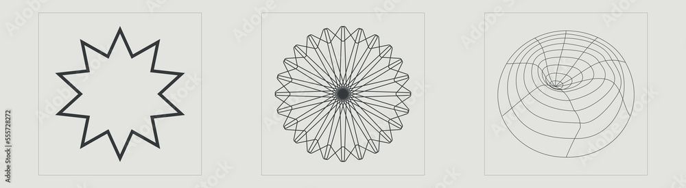 Obraz premium Collection of Y2K elements. Trendy geometric postmodern figures. Objects in y2k style. Isolated on black background. Vector illustration