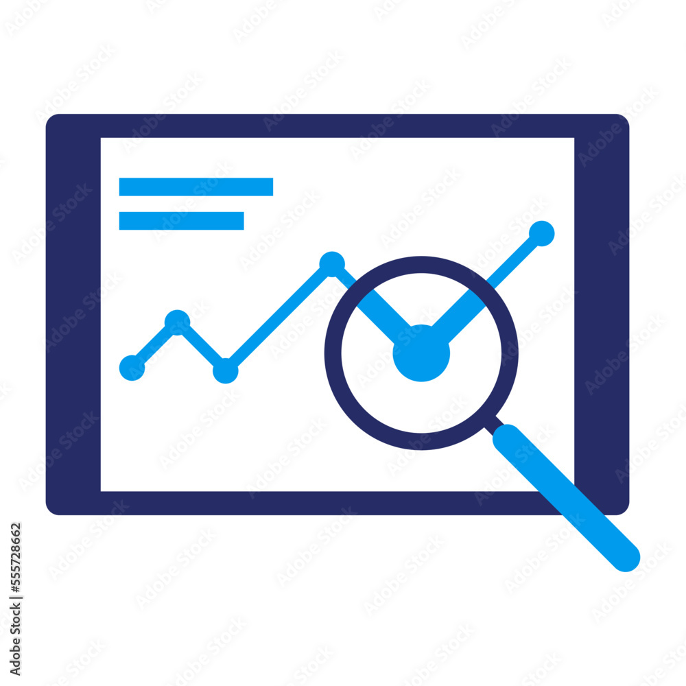 Digital tablet and financial app with magnifier icon Digital tablet and financial app with magnifier icon