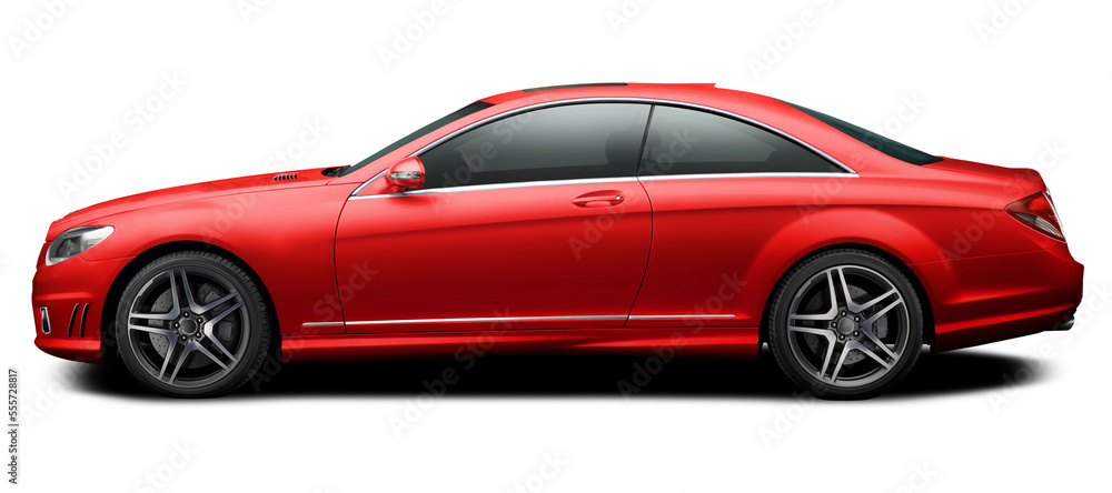 Modern red car coupe side view isolated on white background.
