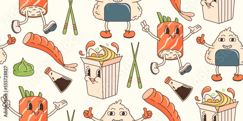 Retro groovy seamless pattern with retro cartoon characters and element. Asian food, sushi, wasabi. In trendy groovy hippie retro style. 70s vibes.