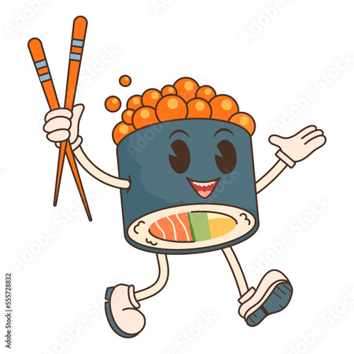 Retro groovy cute sushi character. Asian food. Trendy groovy hippie style. Vibes 70s. Isolated illustration.