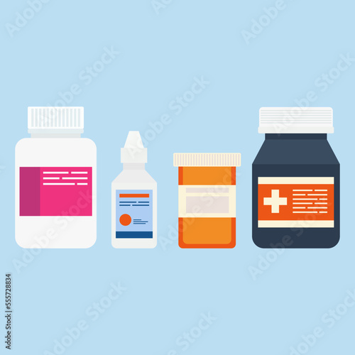 Collection of medicine bottles with labels. Capsules, tablets, drops, and cough syrup. Vector illustration.