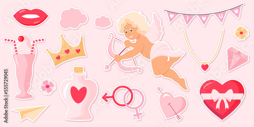 Set of cute vector love stickers for daily planner and diary. Collection of scrapbooking design elements for valentines day: heart, holiday gift. Romantic flat vector icons pack.