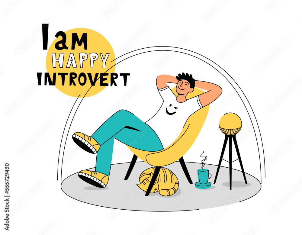 Joyful introvert concept. I am happy, I am an introvert. Introverted mindset, character and temperament. Self-isolation.