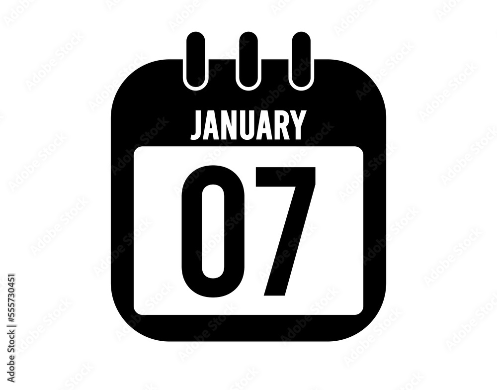 7 January calendar icon. Black calendar vector on white background for January holidays 7 January calendar icon. Black calendar vector on white background for January holidays