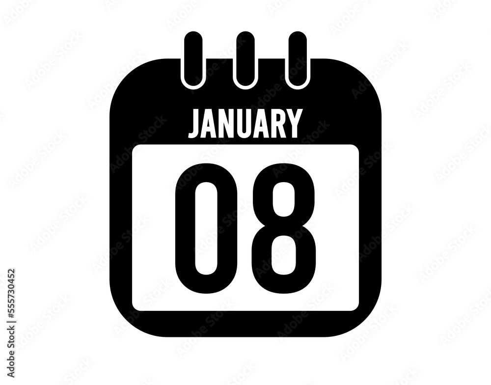 8 January calendar icon. Black calendar vector on white background for January holidays 8 January calendar icon. Black calendar vector on white background for January holidays