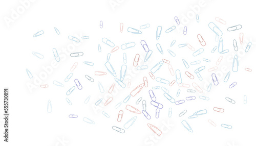 Paper clips are scattered on a white background. Decorative element. Background for design, school and office supplies