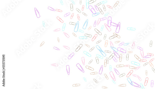 Paper clips are scattered on a white background. Decorative element. Background for design, school and office supplies
