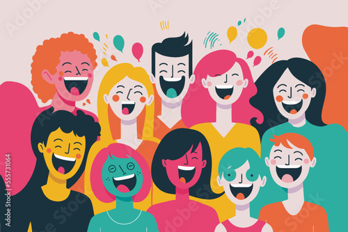 happy laugh group people, portrait of smiling teenage boys and girls on party