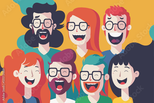 happy laugh group people, portrait of smiling teenage boys and girls on party