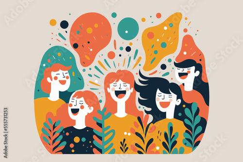 happy laugh group people, portrait of smiling teenage boys and girls on party