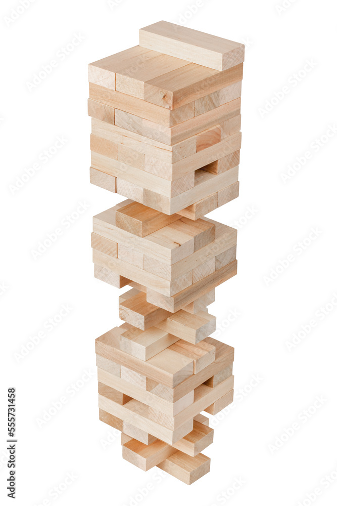 Jenga tower isolated on white background. Jenga game. Jenga wooden blocks Jenga tower isolated on white background. Jenga game. Jenga wooden blocks