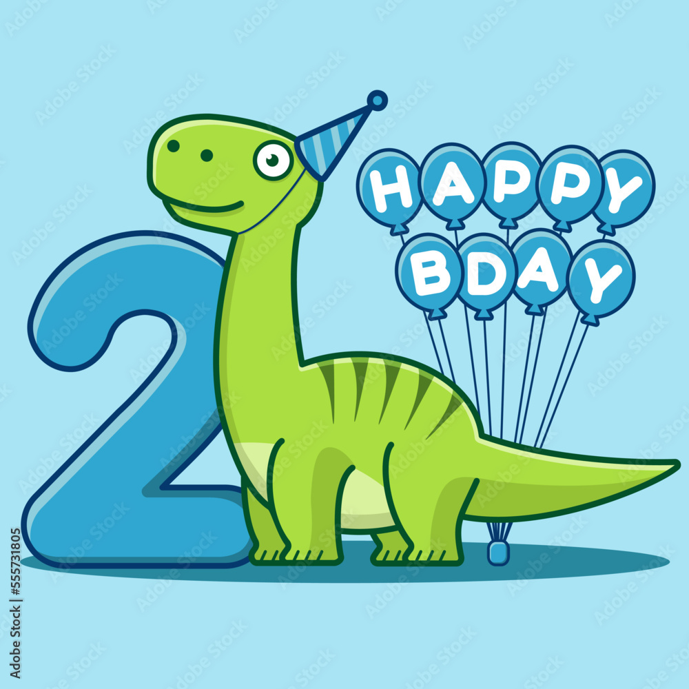 Fototapeta premium Happy 2nd Birthday. Cute invitation card with brontosaurus, balloons, and numbering. Flat vector illustration.