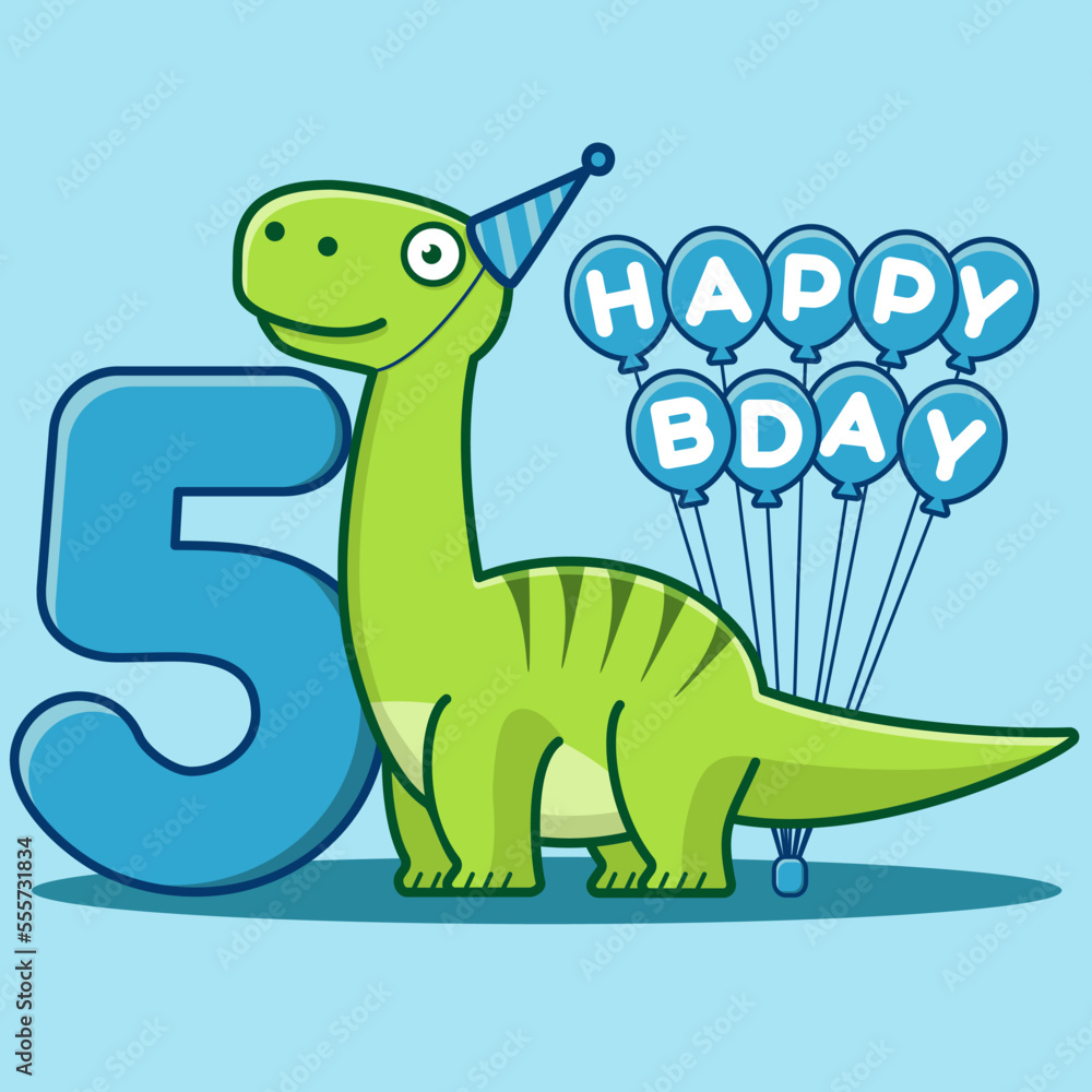 Naklejka premium Happy 5th Birthday. Cute invitation card with brontosaurus, balloons, and numbering. Flat vector illustration.