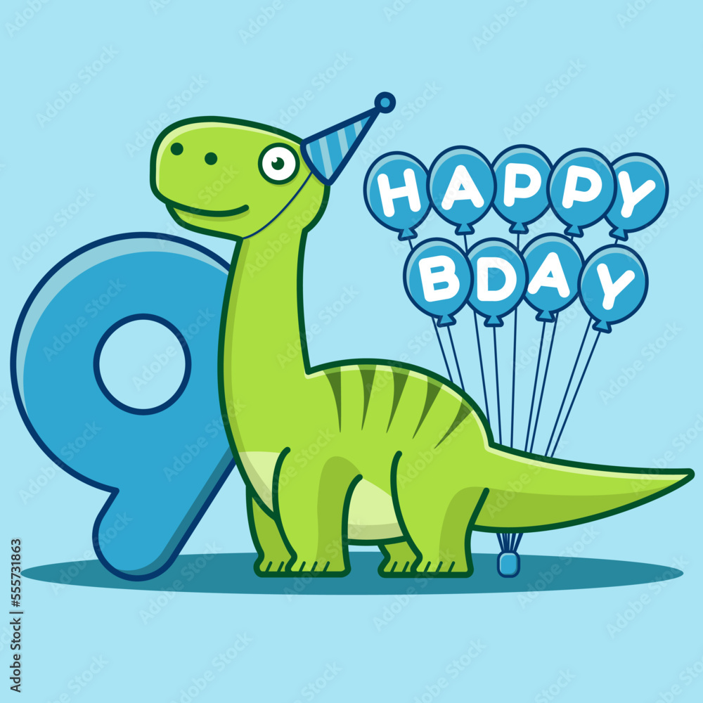 Fototapeta premium Happy 9th Birthday. Cute invitation card with brontosaurus, balloons, and numbering. Flat vector illustration.