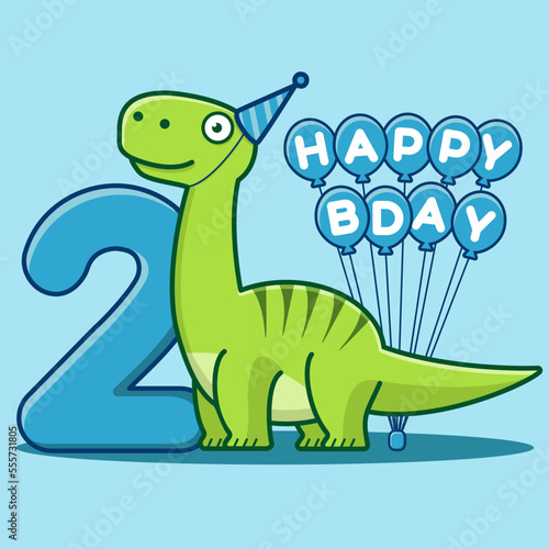 Happy 2nd Birthday. Cute invitation card with brontosaurus, balloons, and numbering. Flat vector illustration.