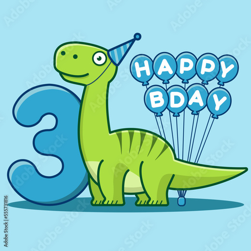 Happy 3rd Birthday. Cute invitation card with brontosaurus, balloons, and numbering. Flat vector illustration.