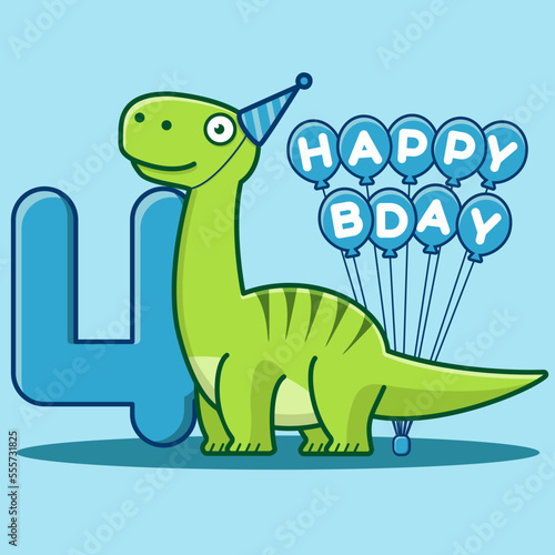 Happy 4th Birthday. Cute invitation card with brontosaurus, balloons, and numbering. Flat vector illustration.