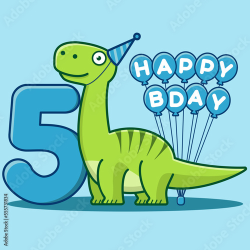 Happy 5th Birthday. Cute invitation card with brontosaurus, balloons, and numbering. Flat vector illustration.