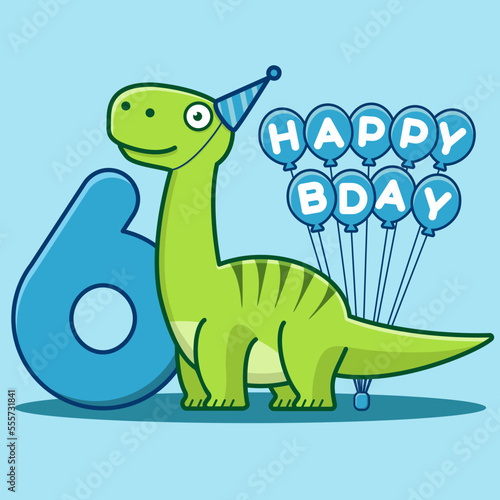 Happy 6th Birthday.  Cute invitation card with brontosaurus  balloons  and numbering. Flat vector illustration.