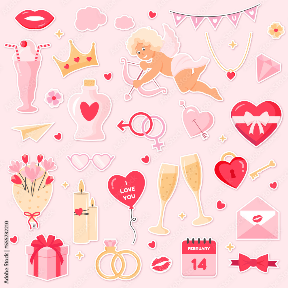 Set of cute vector love stickers for daily planner and diary. Collection of scrapbooking design elements for valentines day: heart, holiday gift. Romantic flat vector icons pack.