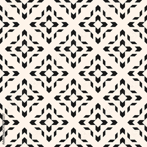 Vector geometric seamless pattern with tribal ethnic motif. Modern folk ornament. Simple abstract black and white texture with grid, floral shapes. Retro vintage style background. Repeat geo design