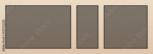 Laser cut panels set. Vector template with abstract geometric pattern, thin wavy lines, diagonal stripes. Elegant stencil for laser cutting of wood, metal, plastic, paper. Aspect ratio 3:2, 1:2, 1:1 photo