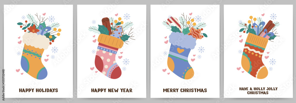 Set of Christmas greeting cards with sock and decor, twigs, snowflakes, gift box, leaves. Vector illustration isolated on white background.