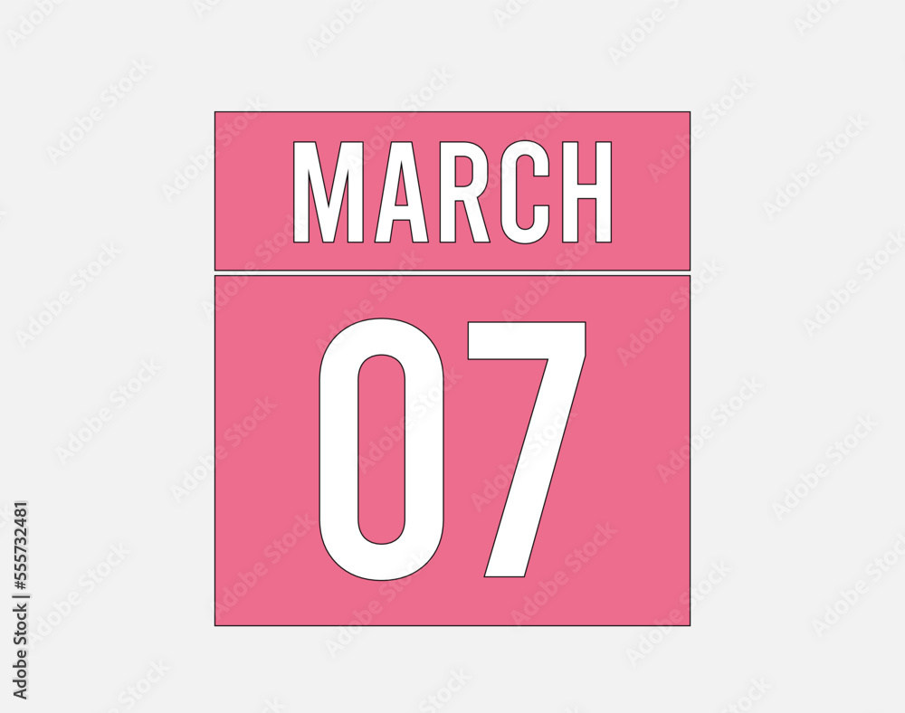 7 March calendar pink. Calendar page vector for March on light background 7 March calendar pink. Calendar page vector for March on light background