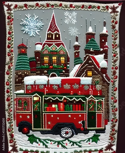 Snowy Christmas Village Embroidery - stitched holiday design - generative ai