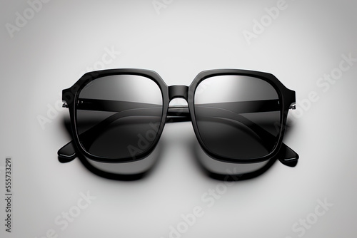 Top view of stylish sunglasses with a black plastic frame on a white backdrop. Generative AI