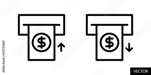 Deposit money and Withdraw money vector icons in line style design for website, app, UI, isolated on white background. Editable stroke. Vector illustration.
