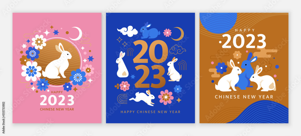 Chinese New Year 2023 greeting cards collection. Three vector cartoon illustrations with rabbits, flowers, a moon, and abstract shapes in a modern flat style on different colored backgrounds