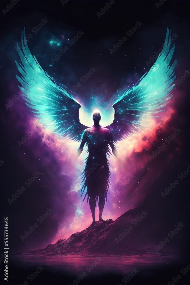 Illustrazione Stock Angel of light. Good and evil. Demon. Glowing wings.  Universe. God. Creation of the earth. Stars, planets, space. | Adobe Stock
