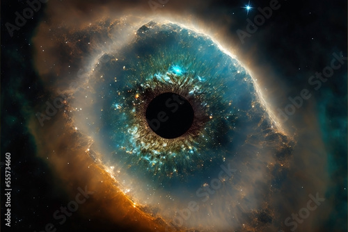 Eye fading into the universe. The All Seeing Eye. Nebula with stars and galaxy universe. Eye ball. Macro shot of a blue eye.