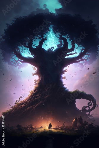 Glowing tree of life. Yggdrasil tree, Giant tree. Adam and eve. Garden of eden. Mythological tree. Dramatic sky. Horror landscape. Mist and stormy weather. Dray branches.