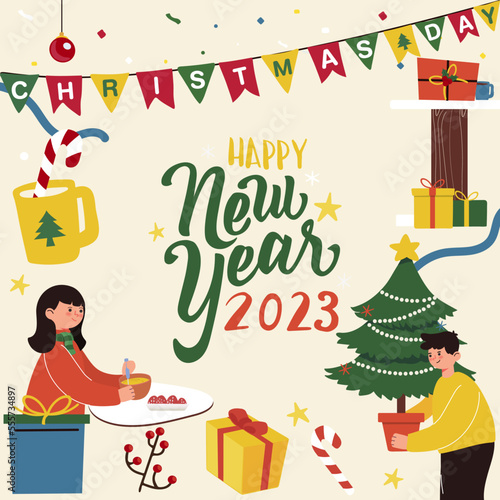 Merry Christmas and Happy new year 2023 greeting card. Christmas set. Holiday set of Christmas. Merry Christmas and Happy new year Frame.