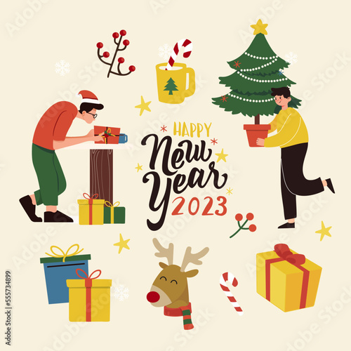 Set of christmas icons. Merry Christmas and Happy new year 2023 greeting card. Merry Christmas and Happy new year Frame.