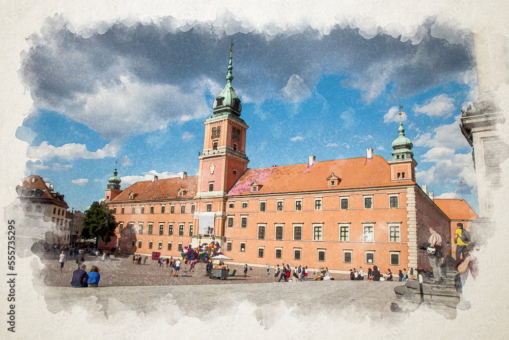 Fototapeta premium Street of a European city castle. Old town landmark. Watercolor illustration style. Multi-colored houses of the tourist route. Sights attractions. Building house streets Warsaw center square