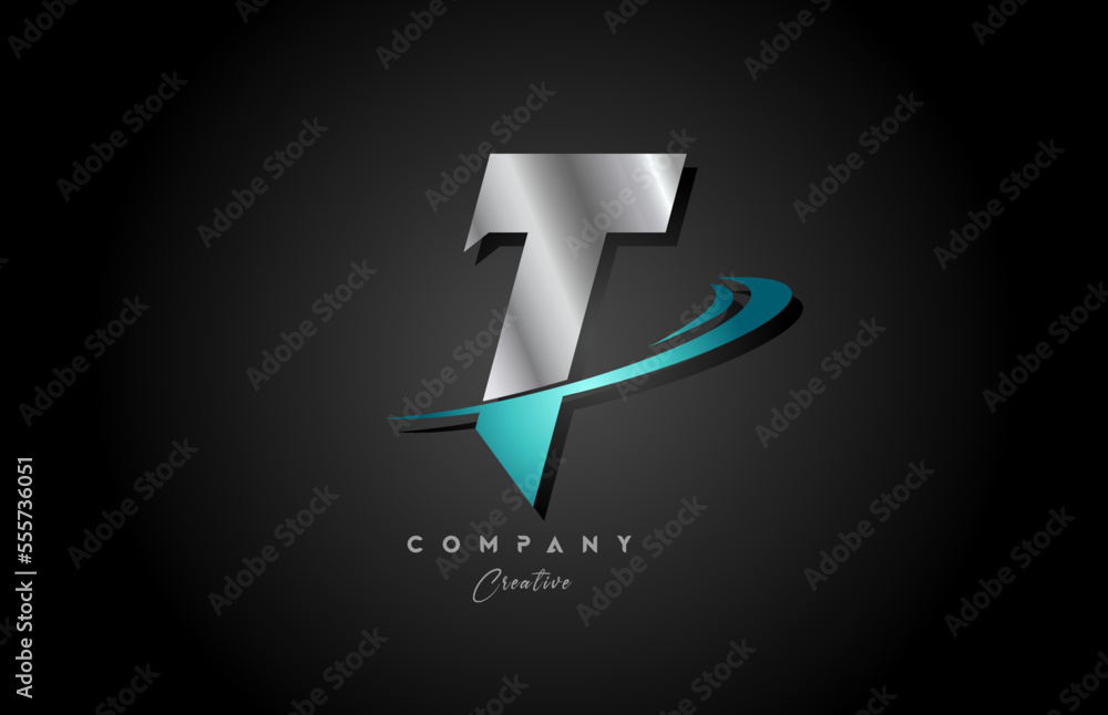 silver metal blue T alphabet letter logo icon design with swoosh. Creative template for company and business silver metal blue T alphabet letter logo icon design with swoosh. Creative template for company and business
