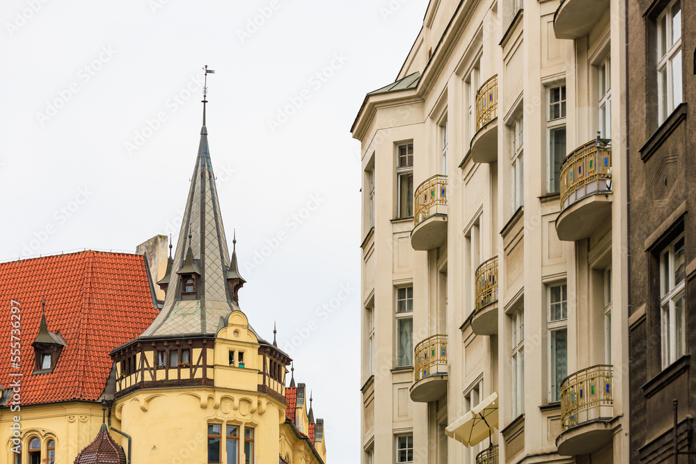 Spire of an old classical building. Background with selective focus