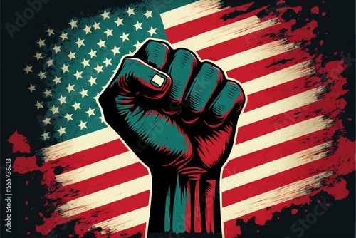  a fist raised in front of an american flag background with grunge effect and a grunge effect. Generative AI photo