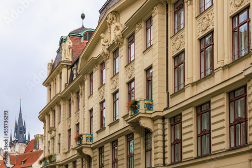 Facade of the house of classical European architecture of the old cozy tourist city. Background