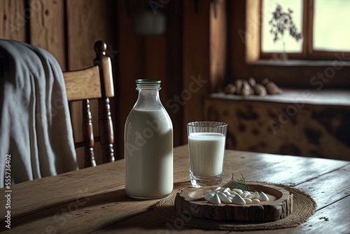 A rustic wooden table with fresh organic milk in a glass and a bottle is in the background. Kefir, vegan milk, vegetable milk, or Turkish Ayran are all healthy beverage options. Room for text